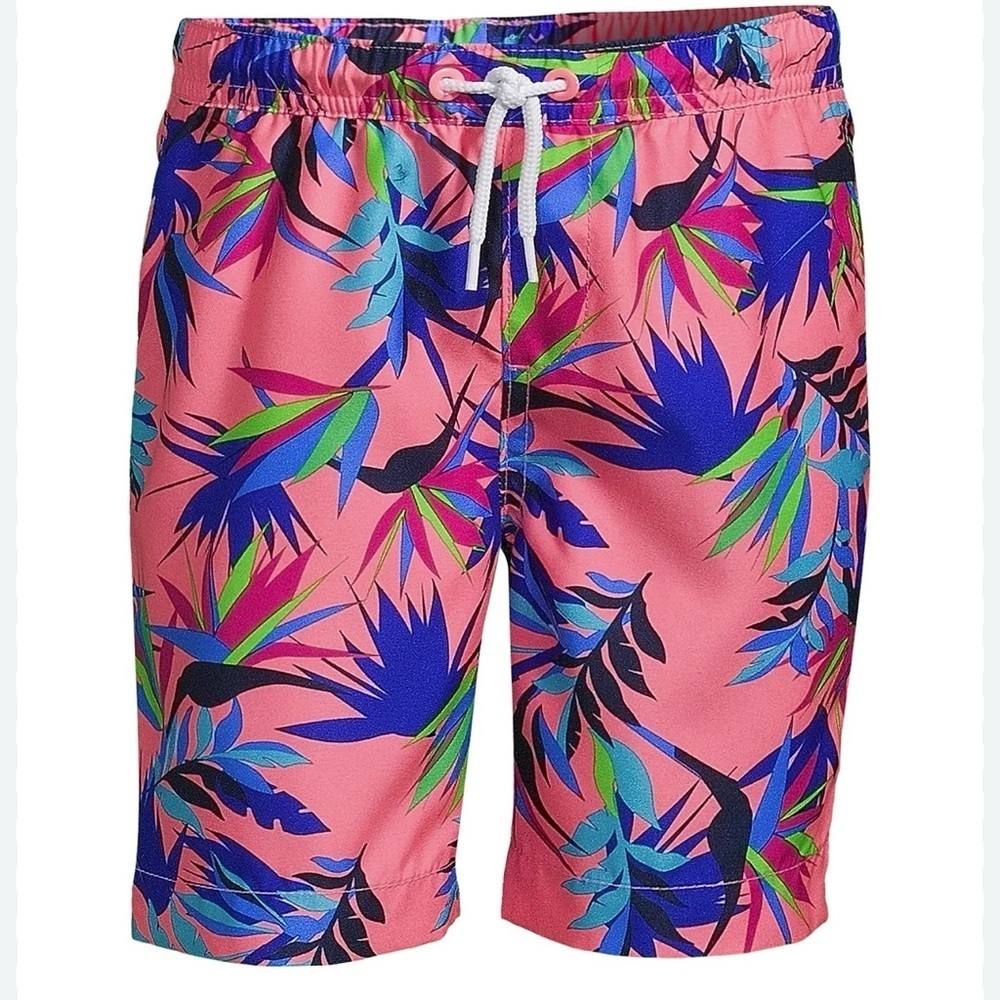 New Lands’ End Boys Husky Printed Primo Pink Tropical Volley Swim Trunks